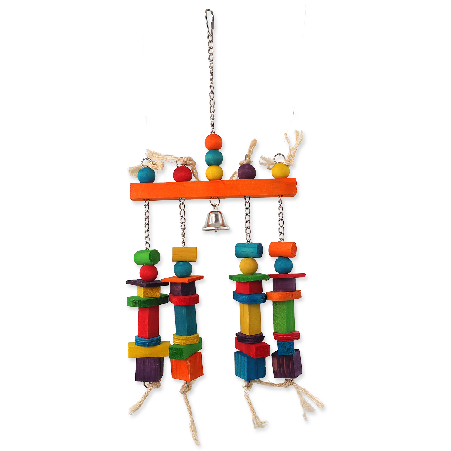 BIRD JEWEL závěsná barevná hrazda s dřívky a zvonečkem 55 cm
