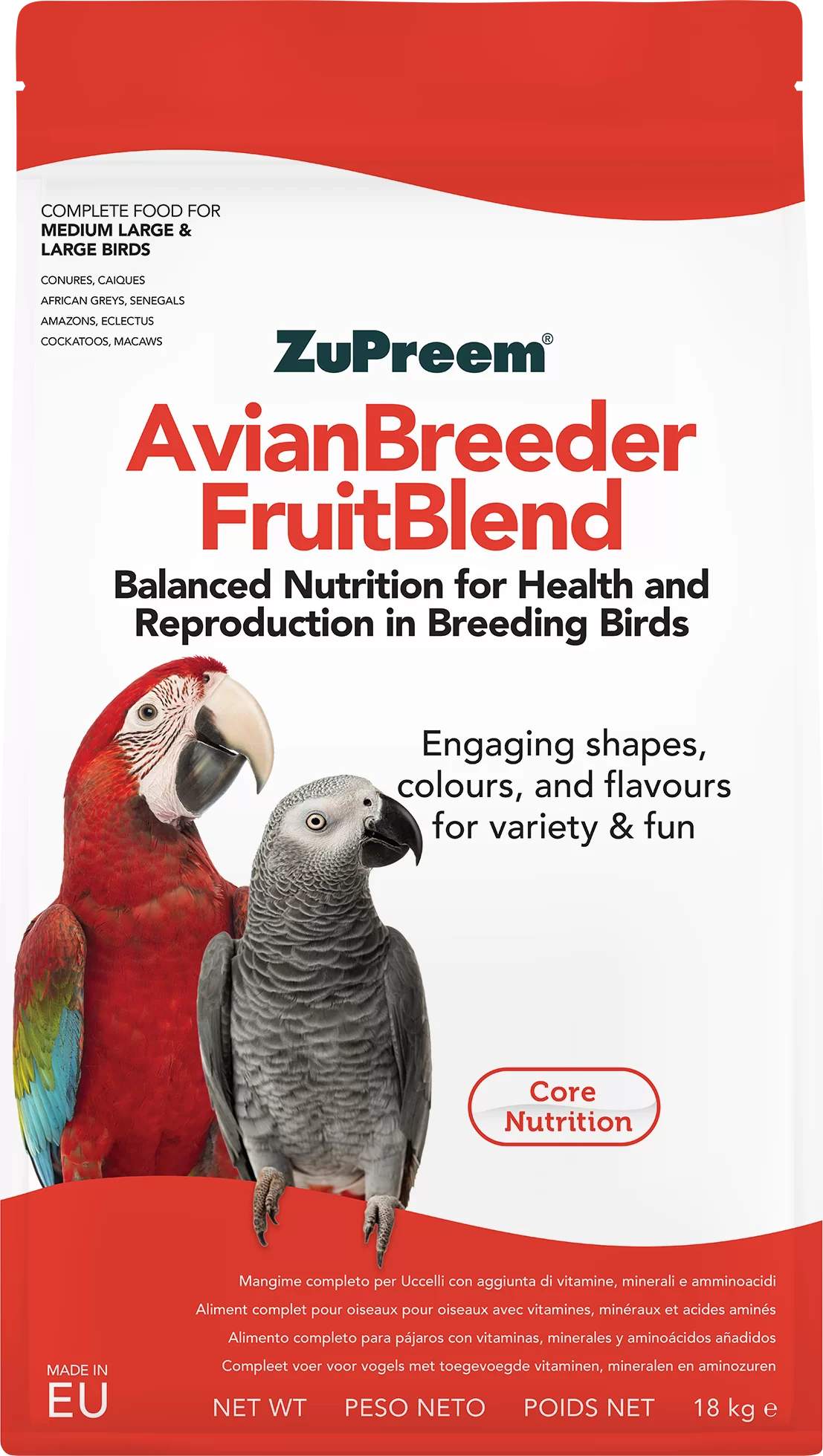 ZuPreem FruitBlend AvianBreeder M/L 18 kg komletní krmivo pro středně velké a velké papoušky pro chovnou sezónu